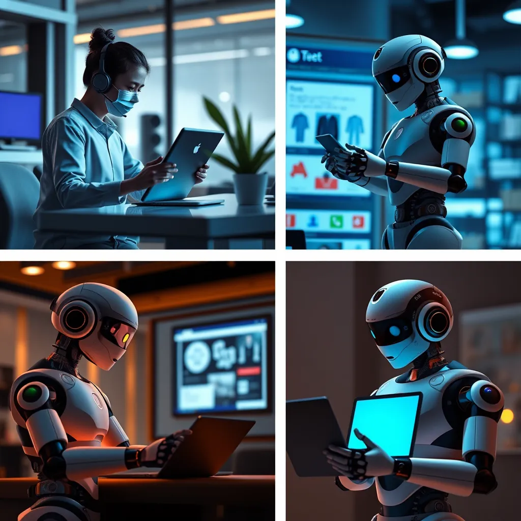 A collage of images showcasing different applications of chatbots. One image shows a customer service representative using a chatbot to assist a customer. Another image shows a chatbot recommending products on an e-commerce website. A third image depicts a chatbot in a healthcare setting, answering patient queries. The final image shows a chatbot used for online education, providing interactive learning content.