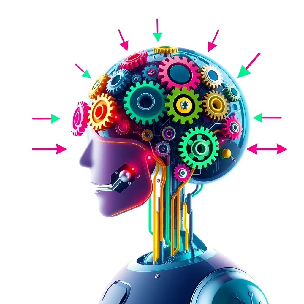 A colorful diagram depicting a chatbot with a brain made of gears and interconnected circuits. The diagram shows data flowing in and out of the chatbot's brain, representing the process of machine learning and adaptation. Arrows indicate the continuous flow of data, highlighting the chatbot's ability to learn and improve.