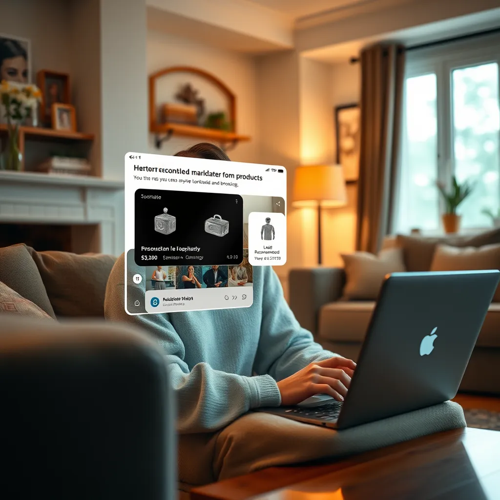 A cozy living room with a young woman interacting with a chatbot on her laptop. The chatbot interface displays personalized recommendations for products based on her past purchases and browsing history. The scene shows a warm and inviting atmosphere, highlighting the personalized and individual experience.