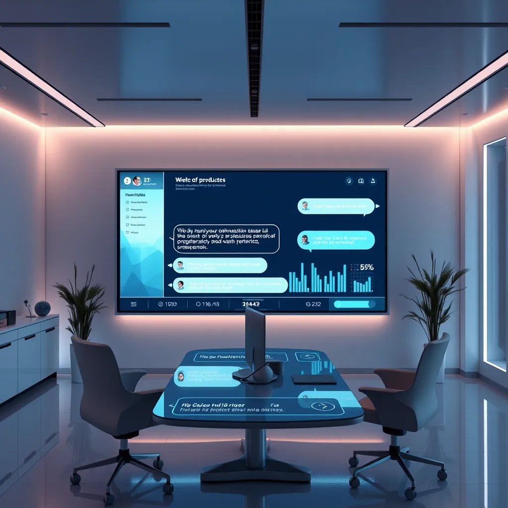 A futuristic, minimalist office with a large screen displaying a chatbot conversation. The chatbot is suggesting personalized products based on user preferences. The background shows data visualizations representing user data.