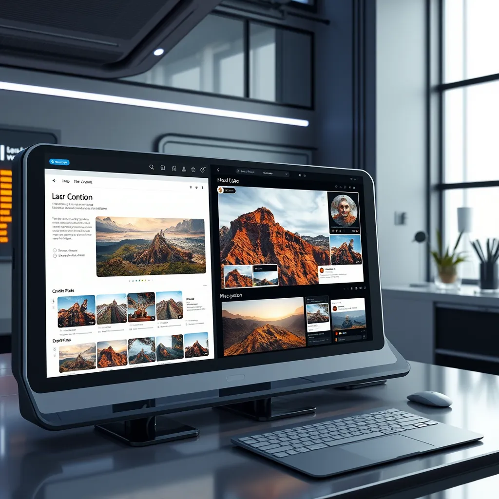 A futuristic, sleek interface with AI-powered tools generating different types of content like blog posts, social media posts, and videos, showcasing diverse content formats and a modern, efficient workflow