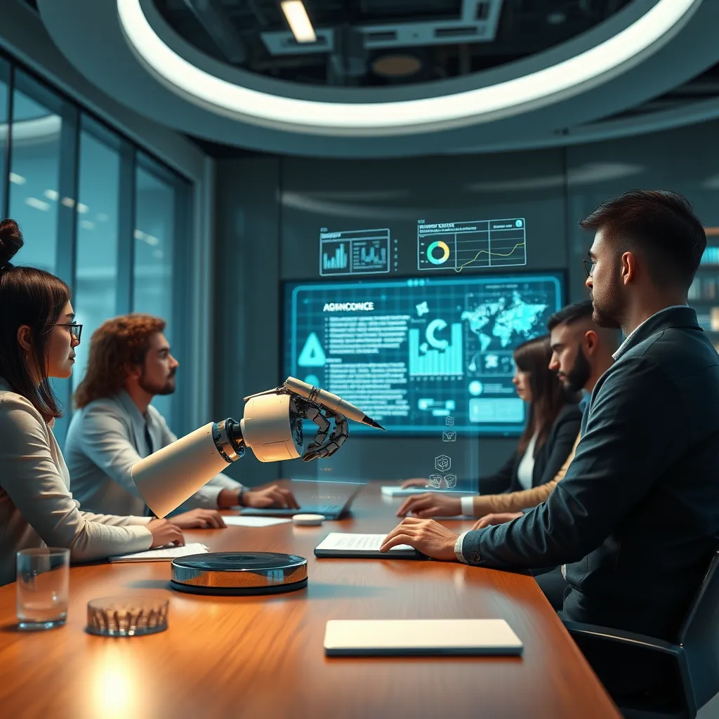 A futuristic, sleek office setting with a team of diverse professionals collaborating around a large screen displaying data-driven content insights. A holographic representation of a robot arm holding a pen is writing a captivating story on a digital notepad, while AI-generated content visuals appear in the background.