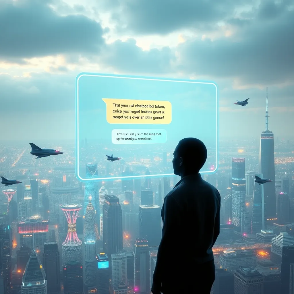 A futuristic cityscape with a holographic chatbot interface floating in the air. The interface displays a conversation between a person and the chatbot, with colorful bubbles representing spoken words. The background shows a cityscape filled with skyscrapers and flying vehicles, highlighting the advanced technology of the chatbot.