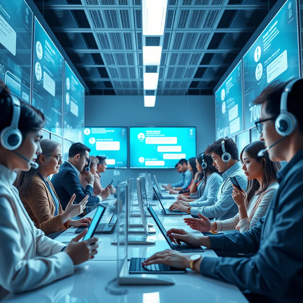 A futuristic customer service center with glowing screens displaying chatbot interactions. A diverse group of people interacts with chatbots on their phones and computers, showing a seamless experience and instant support at any time of day or night. The scene is bright and modern with a sleek, minimalist aesthetic.