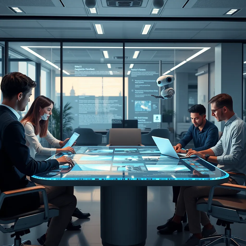 A futuristic office with a team of marketers collaborating around a holographic table displaying AI-generated content. The table displays text, images, and videos, with a sleek AI assistant hovering nearby.