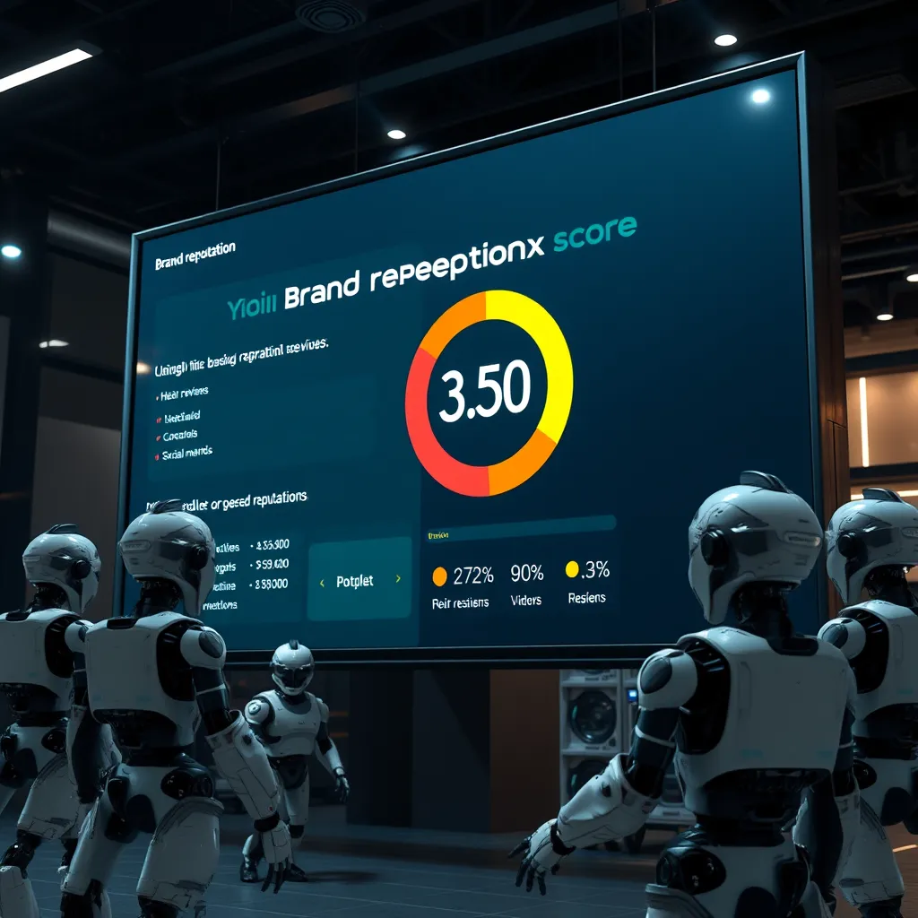 A large, digital screen displaying a positive brand reputation score, surrounded by a team of AI-powered bots actively managing online reviews, comments, and social media mentions, ensuring a clean and positive online presence.