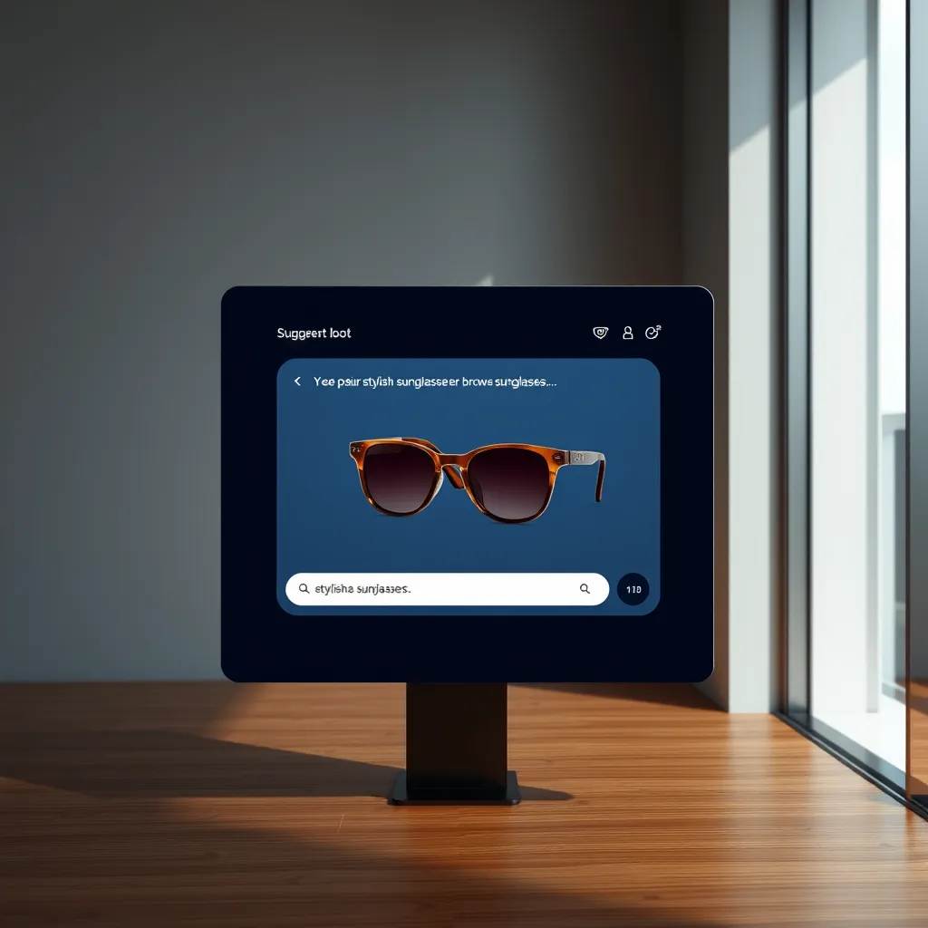 A modern, minimalist e-commerce website with a chatbot window open. The chatbot is suggesting a pair of stylish sunglasses to a customer, based on their browsing history and preferences. The image should convey a sense of personalized service and convenience.