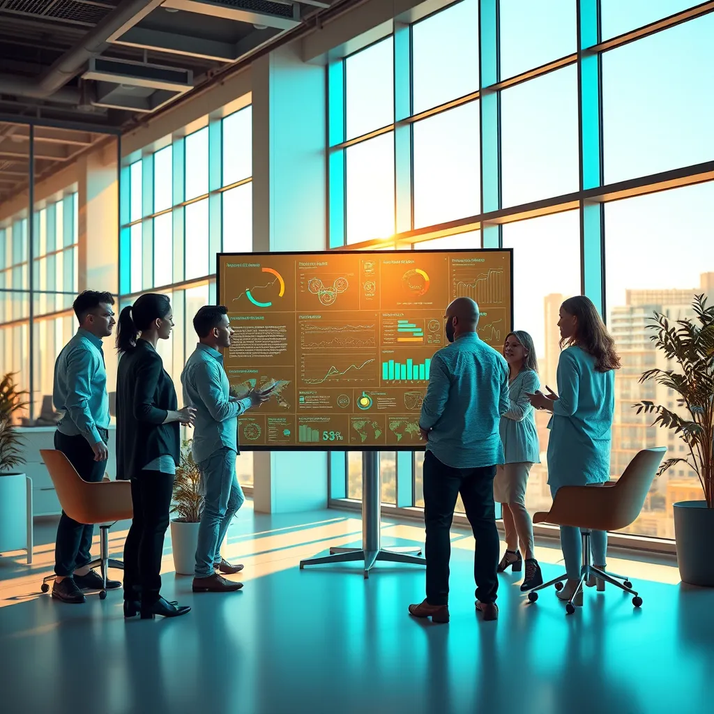 A modern, minimalist office space with a team of diverse professionals collaborating around a large screen displaying complex data visualizations.  The scene is bathed in warm, natural light streaming in from large windows, creating a sense of innovation and transparency. The team is engaged and dynamic, highlighting the power of AI in driving business growth. Render in ultra-realistic 8K resolution with a focus on sharp details, dynamic lighting, and a color palette of cool blues and vibrant greens, reflecting a forward-thinking approach.  Capture the scene from a slightly elevated perspective, emphasizing the collaborative nature of the work. Style reference:  The work of Annie Leibovitz, known for her captivating and impactful portraits of individuals and groups.