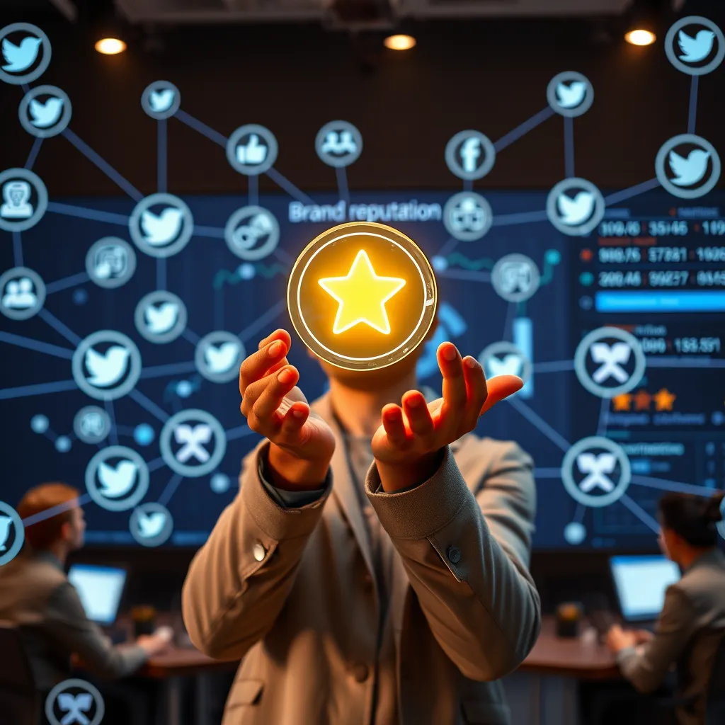 A person confidently holding a glowing, positive review icon, surrounded by a network of connected social media platforms. In the background, a team of professionals monitor a digital screen displaying data about brand reputation and customer sentiment, highlighting the importance of trust and positive brand building.