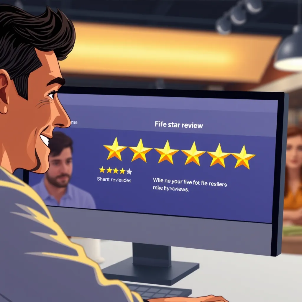 A photorealistic illustration of a customer looking at a computer screen with a glowing five-star review of a business. The customer is smiling and has a satisfied expression. In the background, there are other customers leaving positive reviews.