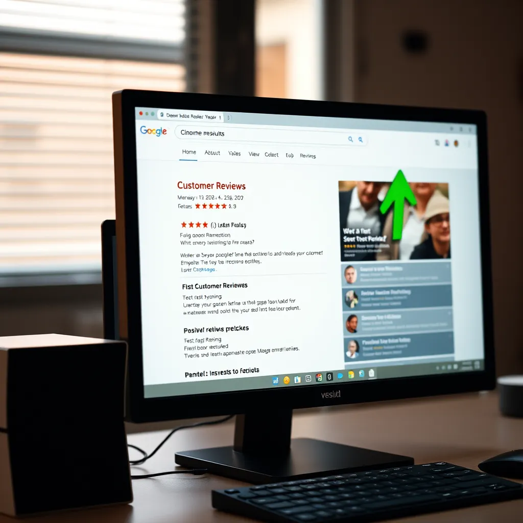 A photorealistic image of a computer screen displaying a website with a prominent section showcasing positive customer reviews and testimonials. The website is ranked highly in a search engine results page, with a green arrow pointing up.