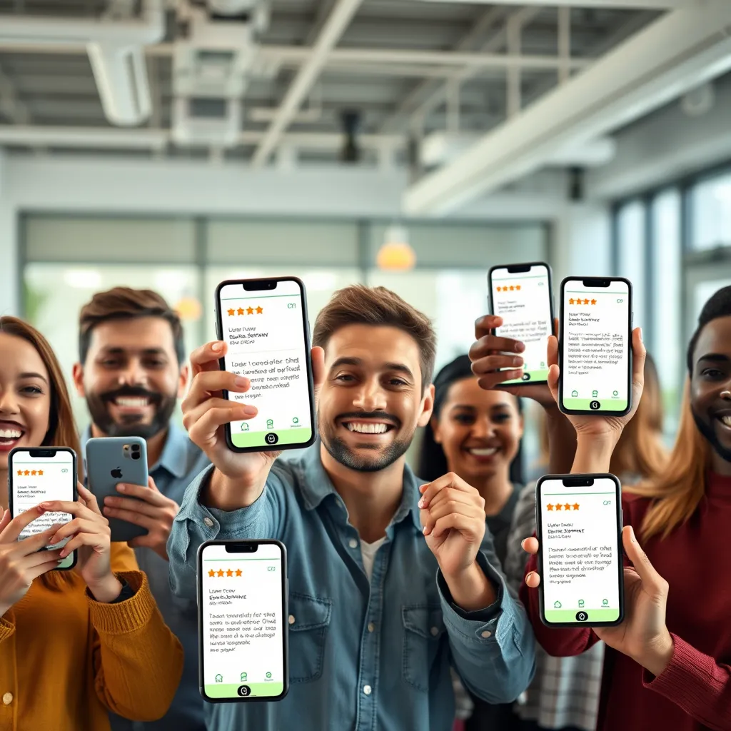 A photorealistic image of a diverse group of people smiling and holding up their phones, each displaying a positive review or testimonial about a product or service. The background should be a bright and inviting office space, highlighting a sense of community and shared experience.