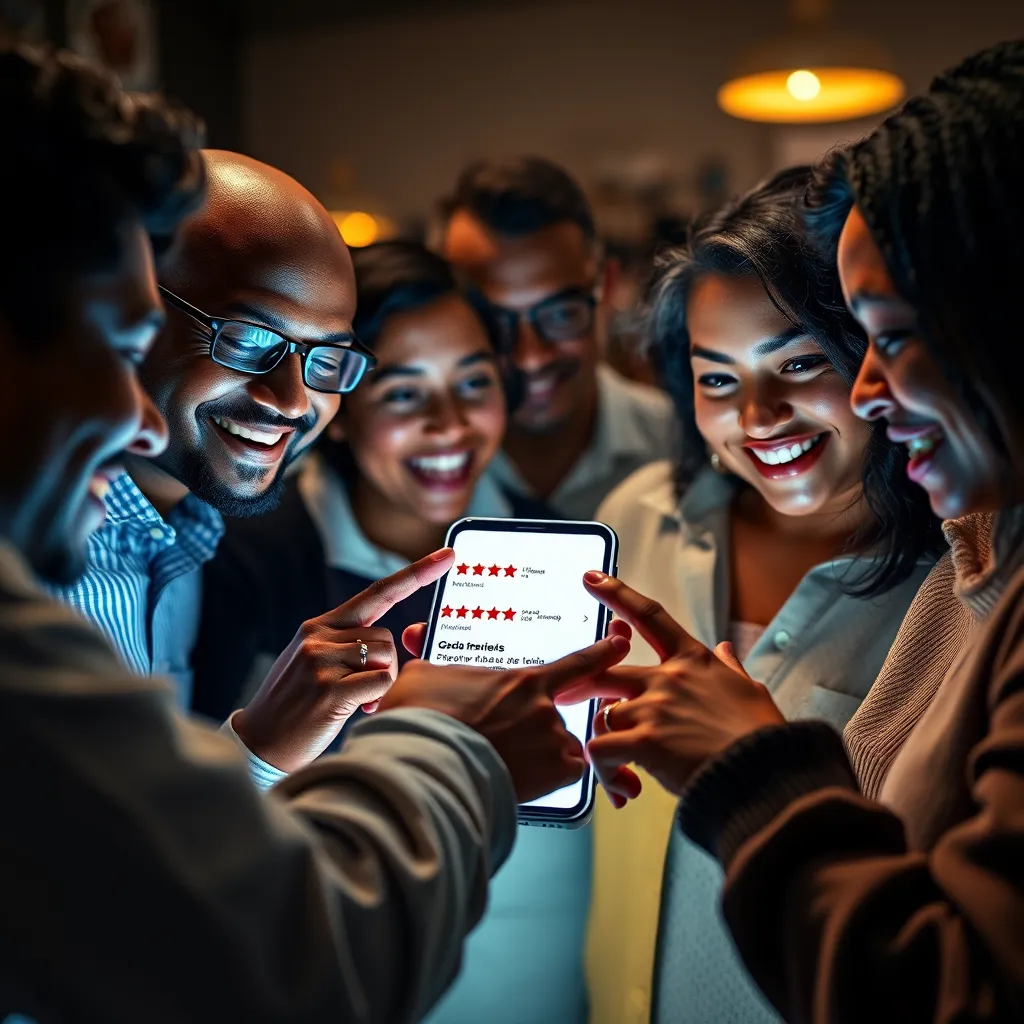 A photorealistic image of a group of diverse people looking at a phone screen displaying positive reviews for a product. They are smiling and pointing at the screen, demonstrating their excitement and approval.