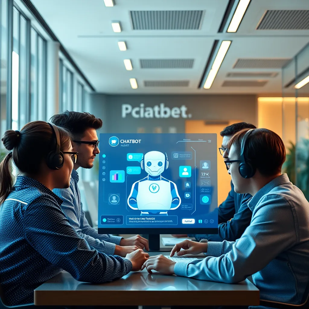A photorealistic image of a modern, sleek office space with a team of developers working on a chatbot interface. The interface should be vibrant and interactive, with a friendly chatbot avatar engaging with a customer on a virtual screen. Soft, natural lighting illuminates the scene, emphasizing the teamwork and innovation. The color palette should be a blend of cool blues and greens, reflecting the tech-driven nature of the work. The image should be captured from a slightly elevated angle, showcasing the collaborative environment. The camera lens should be a wide-angle lens, capturing the entire team and the interactive chatbot interface. The image should be rendered in ultra-high quality, showcasing intricate details of the technology and the human interaction with the chatbot.  The image should be in the style of a contemporary tech advertisement, highlighting the advanced capabilities and user-friendly nature of the chatbot.