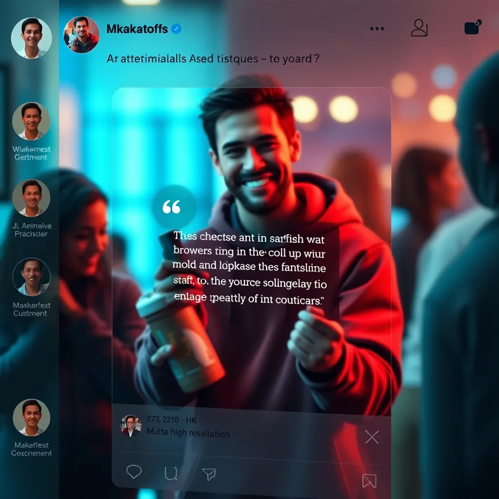 A photorealistic image of a social media feed with a captivating visual testimonial at the center, surrounded by likes, comments, and shares from various users. The testimonial features a satisfied customer holding a product while expressing their positive experience in a concise and impactful way.