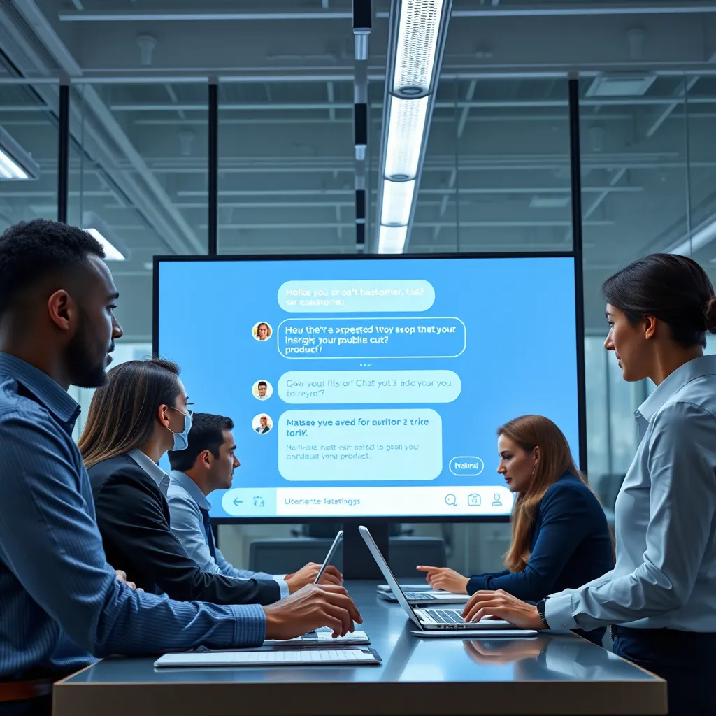 A professional sales team working together in a modern office. A large screen displays a chatbot interface, showing a conversation with a potential customer who has expressed interest in a product. The image should focus on the collaboration between chatbots and human sales personnel.