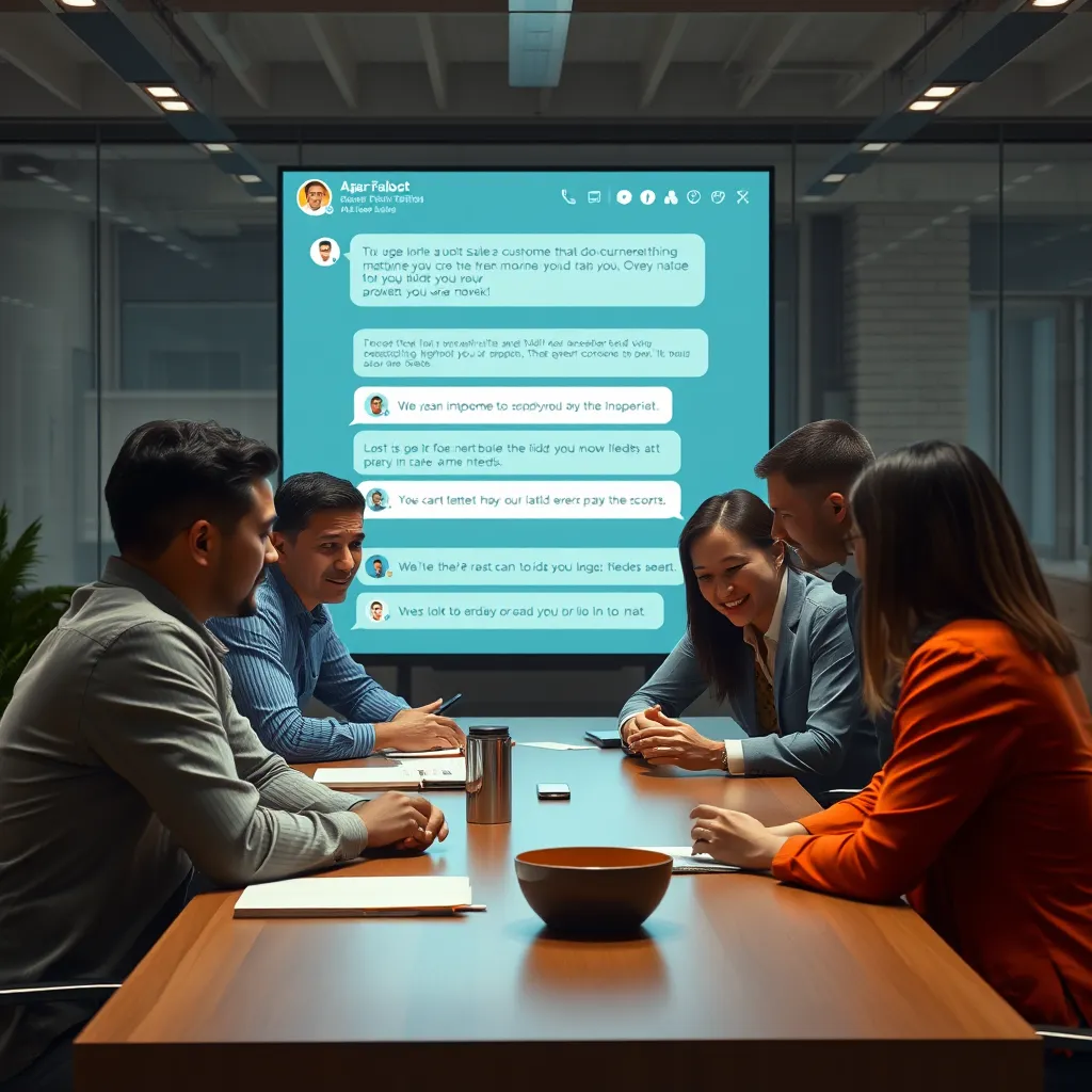A sales team huddled around a table discussing leads. In the background, a chatbot interface displays a conversation with a potential customer. The chatbot is gathering information about the customer's needs and interests.