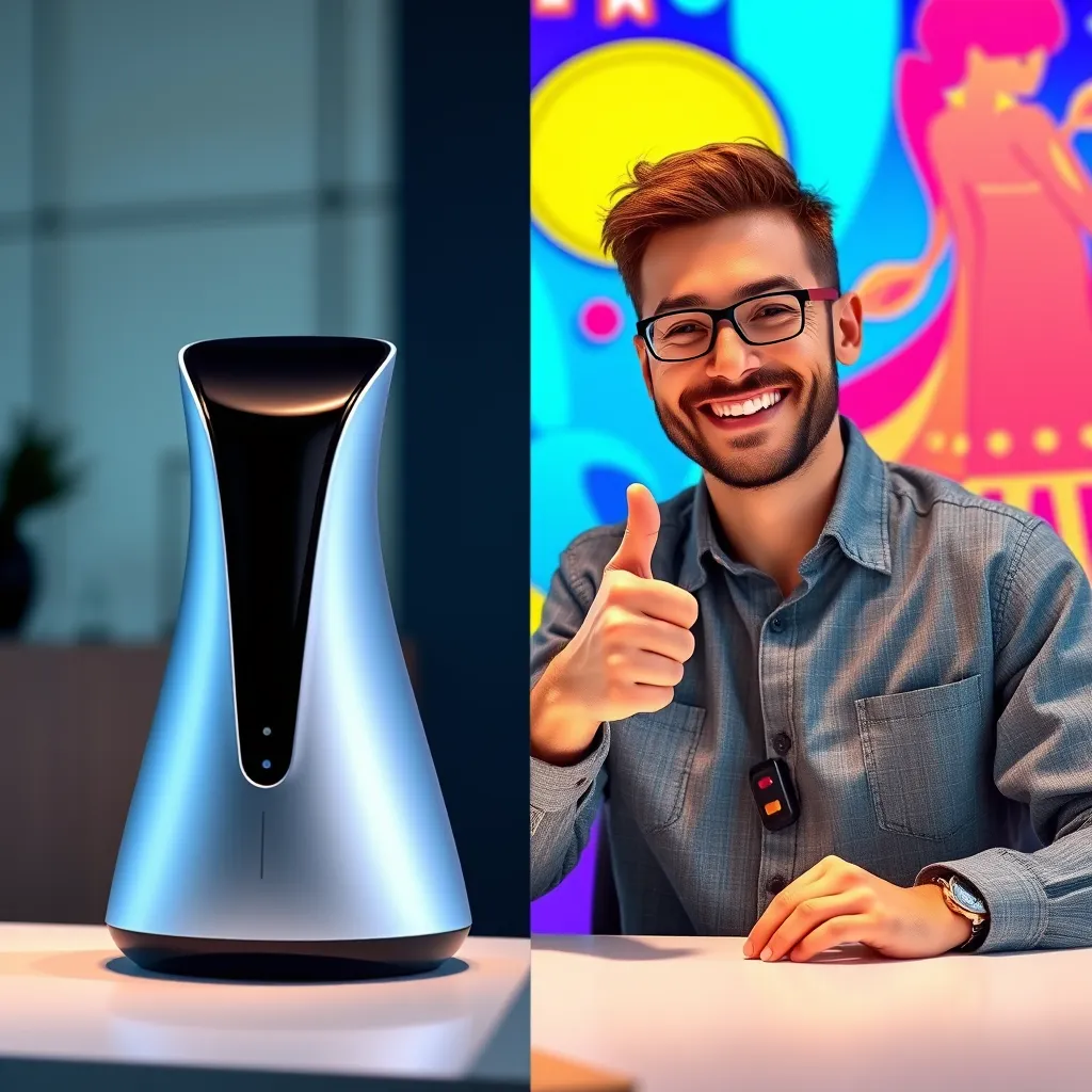 A split-screen image. On one side, a sleek, modern product is displayed, showcasing its features and benefits. On the other side, a customer is shown using the product with a big smile and thumbs up gesture. The background should be a vibrant, colorful graphic illustrating the positive impact of the product on the customer's life.