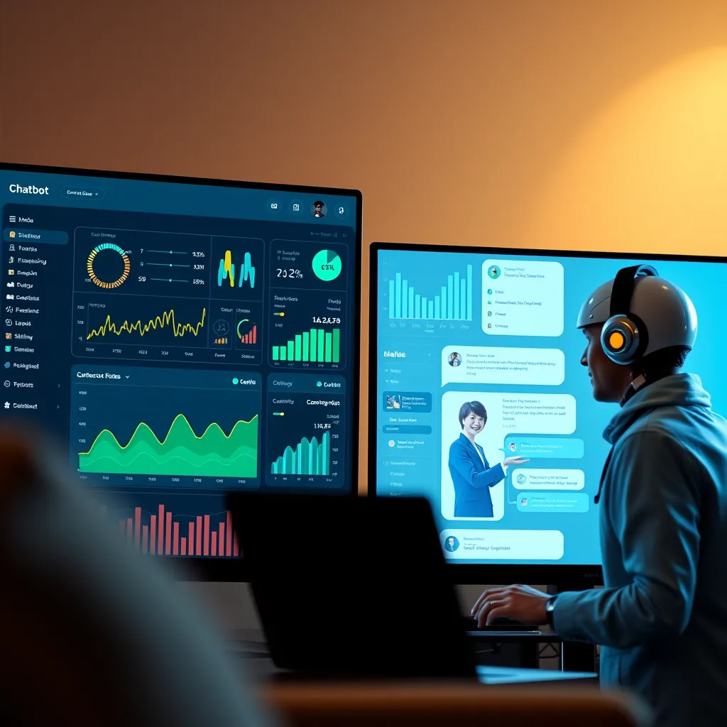 A split-screen image showcasing two different dashboards. On the left, a sleek and modern dashboard displays real-time data on chatbot performance, including key metrics like customer engagement, response time, and conversion rates. The data is presented in a visually appealing and intuitive manner, using dynamic graphs and charts. On the right, another dashboard showcases the chatbot's user interface, where a customer is interacting with the chatbot in a friendly and engaging conversation. The image should be rendered in 8K resolution, capturing the intricate details of the data visualizations and the user interface design. The lighting should be soft and warm, creating a sense of comfort and professionalism. The color palette should be a blend of soft blues and greens, reflecting the analytical and data-driven nature of the service. The camera angle should be slightly angled, providing a dynamic perspective on both dashboards and the customer's interaction with the chatbot. The overall image should convey a sense of efficiency and professionalism, highlighting the value of real-time performance monitoring and optimization.