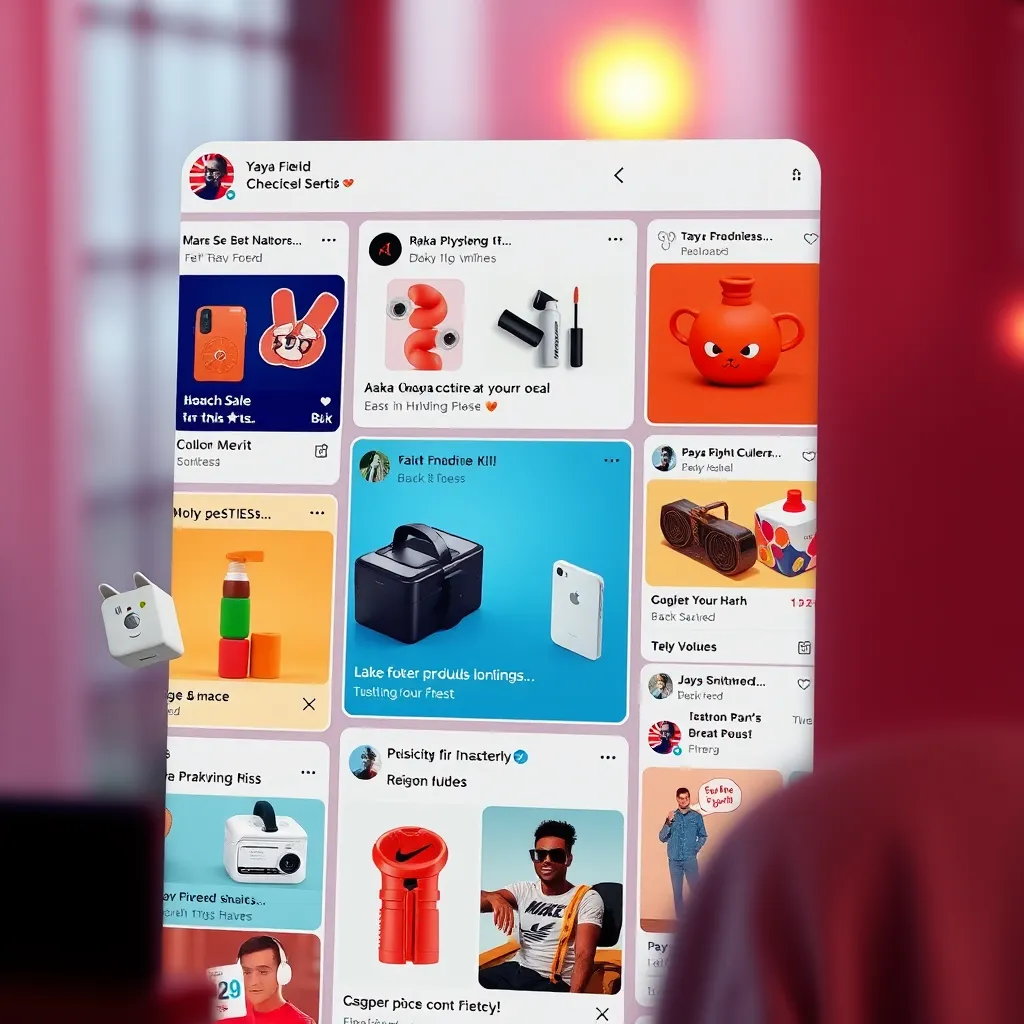 A stylized social media feed displaying personalized content tailored to different users. Each user's feed showcases unique products, recommendations, and brand interactions based on their online behavior and preferences.