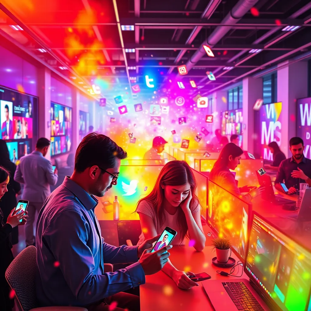 A vibrant, dynamic scene depicting the power of social media marketing.  Imagine a sleek, modern office space, filled with people interacting with their smartphones and laptops. The scene is flooded with vibrant colors and light, reflecting the energy and excitement of social media.  Highlight the seamless integration of social media platforms, showcasing a diverse range of content, from engaging videos to stunning imagery. Capture the dynamic interplay between individuals and their devices, emphasizing the collaborative and engaging nature of social media. Render in photorealistic 8K resolution with a focus on vibrant colors, high-energy lighting, and sharp details.  Style reference:  The work of David LaChapelle, known for his bold, colorful, and surreal style, often capturing the essence of pop culture and technology.