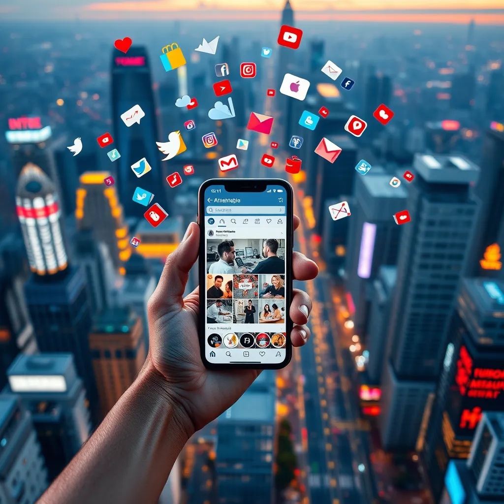 A vibrant cityscape with numerous social media icons hovering in the air. A hand holding a smartphone shows a feed of curated, visually appealing content, while an AI-powered dashboard displays data visualizations of audience demographics and engagement trends.
