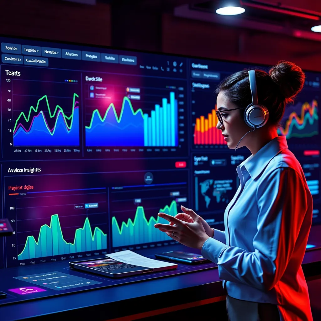 A vibrant social media dashboard with interactive graphs showing real-time data and AI-powered insights. A virtual assistant is customizing social media posts for different platforms and target audiences.