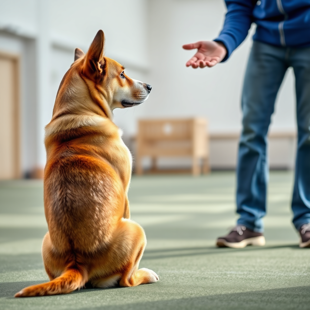 A photorealistic image depicting a dog confidently sitting, obeying its owner's command. The dog is looking attentively at the owner, who is giving a hand signal. The setting is a bright and open training space.