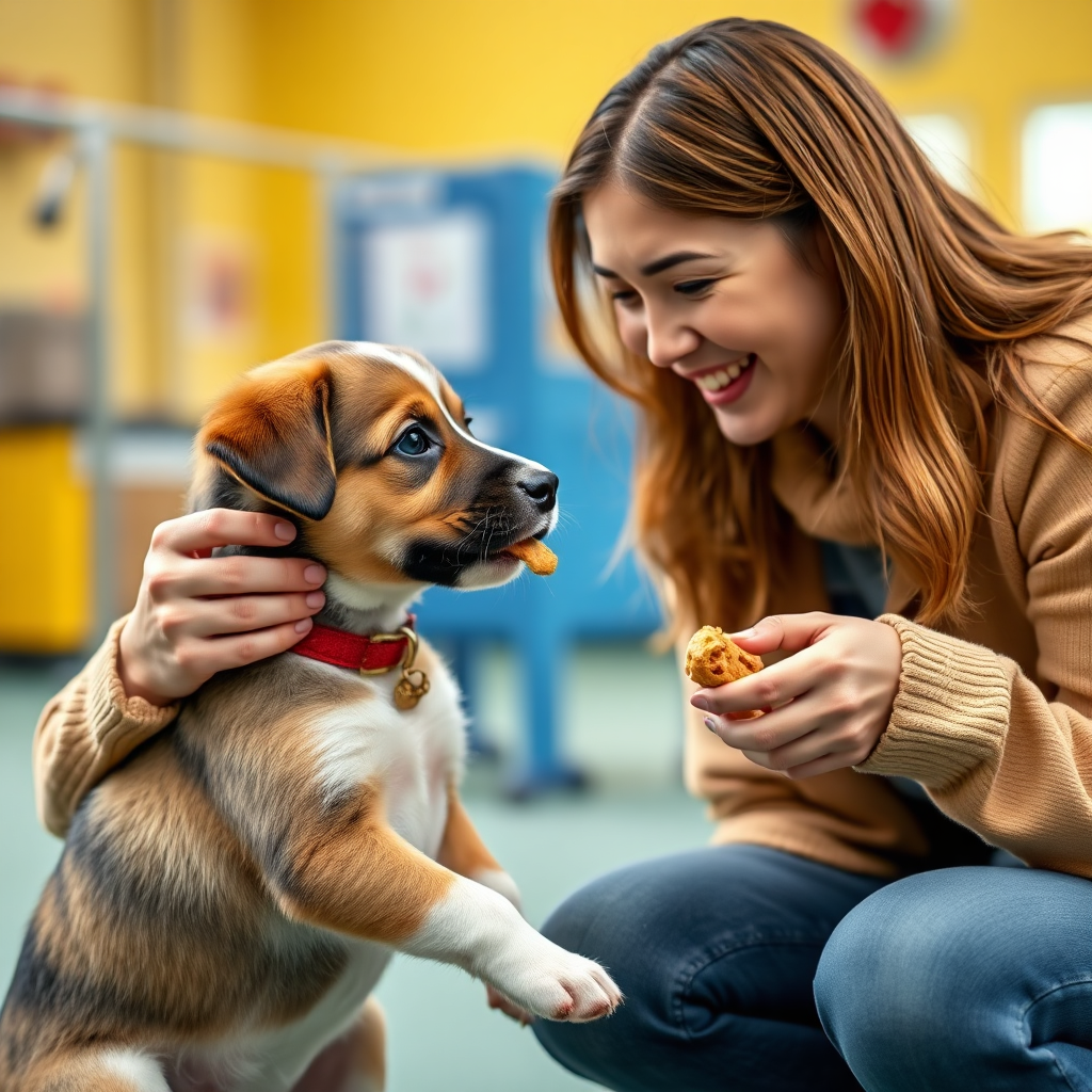 A photorealistic image of a puppy receiving praise and a treat from its owner after successfully completing a training exercise. The owner is smiling and petting the puppy. The background is a bright and cheerful training environment.