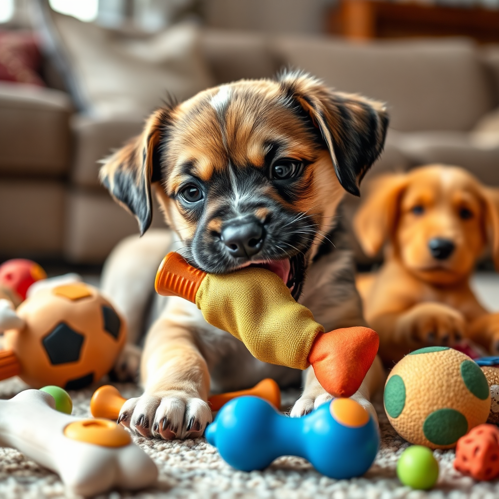 A photorealistic image of a puppy happily chewing on a durable chew toy. The puppy is surrounded by a variety of other toys. The background is a comfortable living room setting.