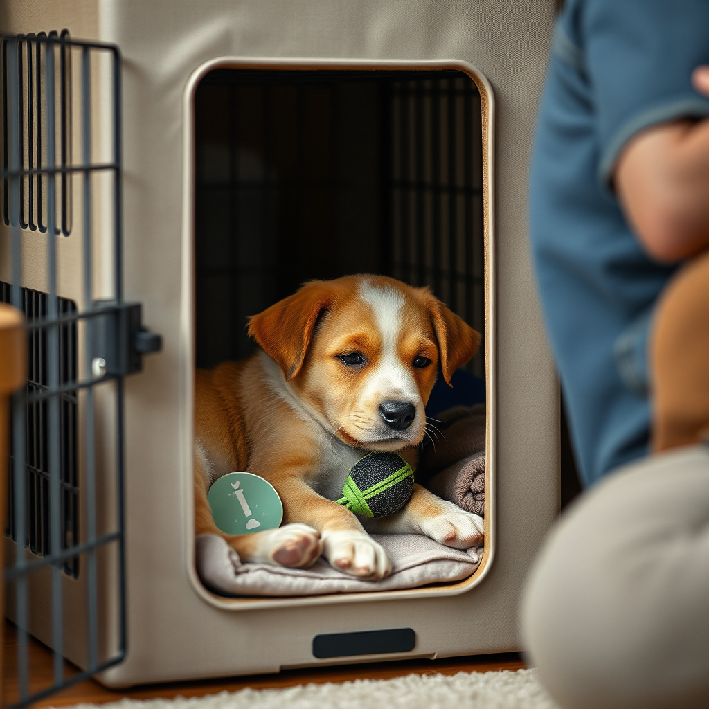 A photorealistic image of a puppy relaxing comfortably in its crate with a favorite toy while the owner is out of sight. The crate is in a quiet and cozy corner of the house.