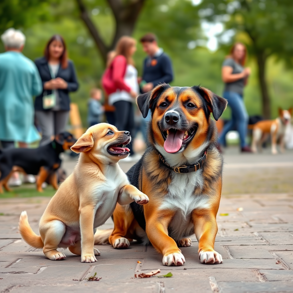 A photorealistic image of a puppy happily interacting with a friendly adult dog in a park. Other people and dogs are visible in the background, creating a lively and social environment. Capture the positive body language of both dogs.