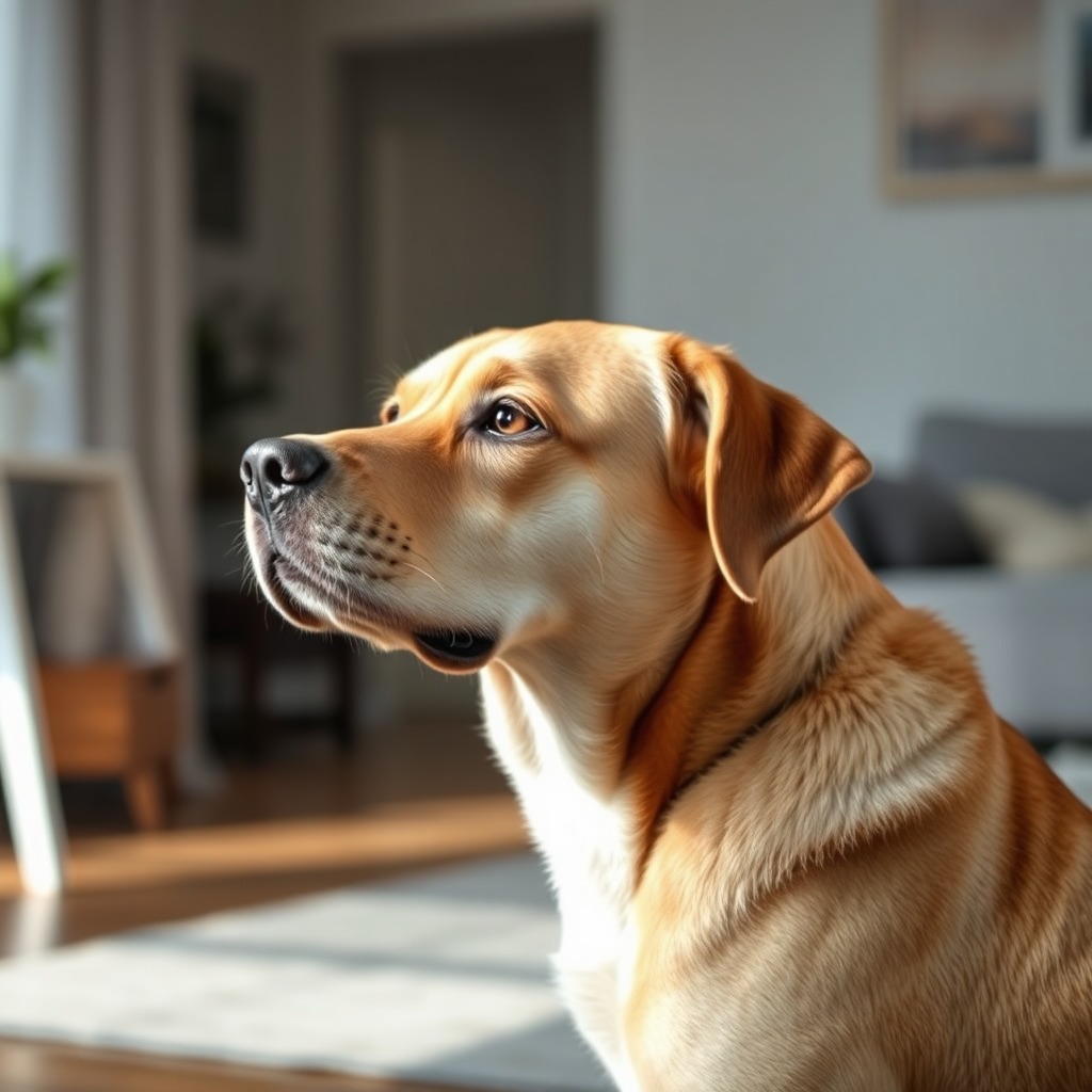 A photorealistic image portraying a dog calmly and quietly observing its surroundings, showcasing improved behavior after modification training. The setting is a peaceful and comfortable home environment.
