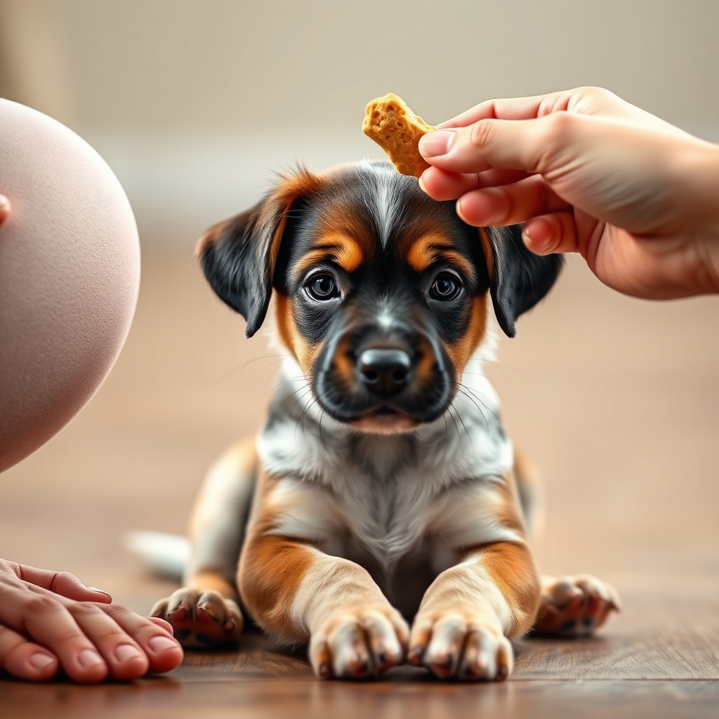 A photorealistic image showing a puppy in the process of sitting, guided by a treat held by the owner. The owner's hand is visible, holding the treat just above the puppy's head. Focus on capturing the puppy's focused expression and the owner's supportive guidance.