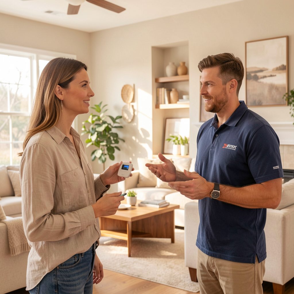 Homeowner discussing a comfort problem with a residential HVAC technician