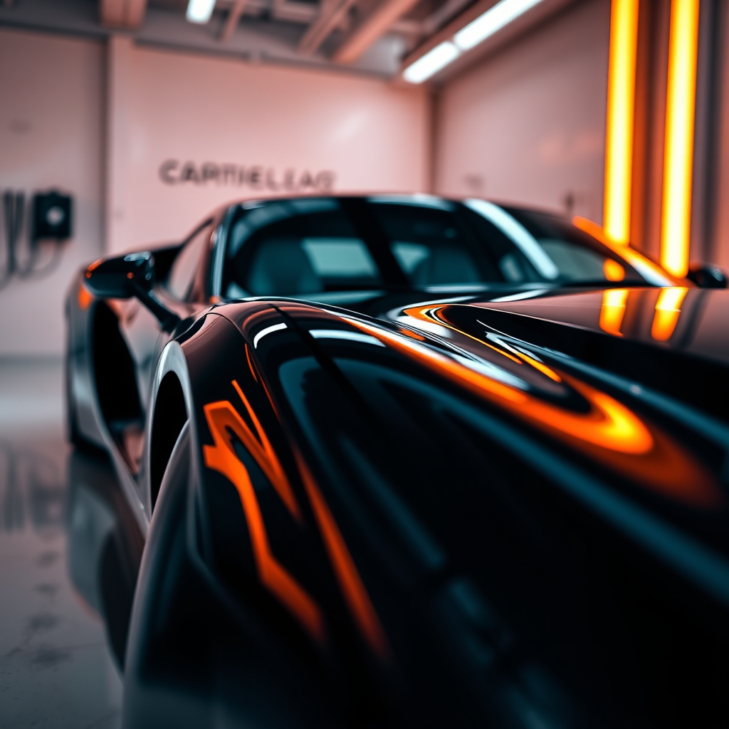 Exotic car inside hyper-clean detailing studio reflecting studio lights