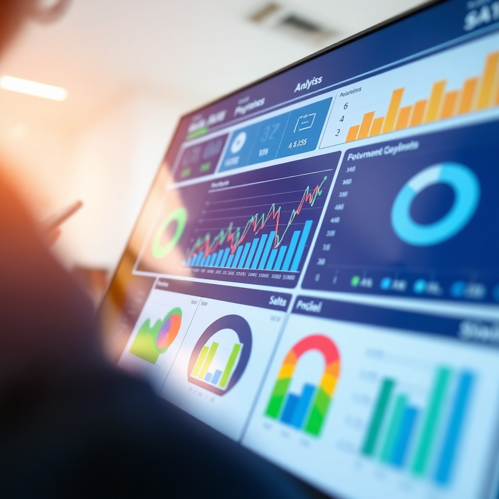 A photorealistic image of a sales dashboard displaying real-time data analytics and performance metrics. The dashboard should be clean and intuitive, with clear visualizations of key performance indicators. The lighting is bright and focused, highlighting the importance of data-driven decision-making. The color palette is professional and informative, with a mix of blues, greens, and grays. Camera angle: Close-up shot to emphasize the clarity and accessibility of the data. 4K resolution, high quality.
