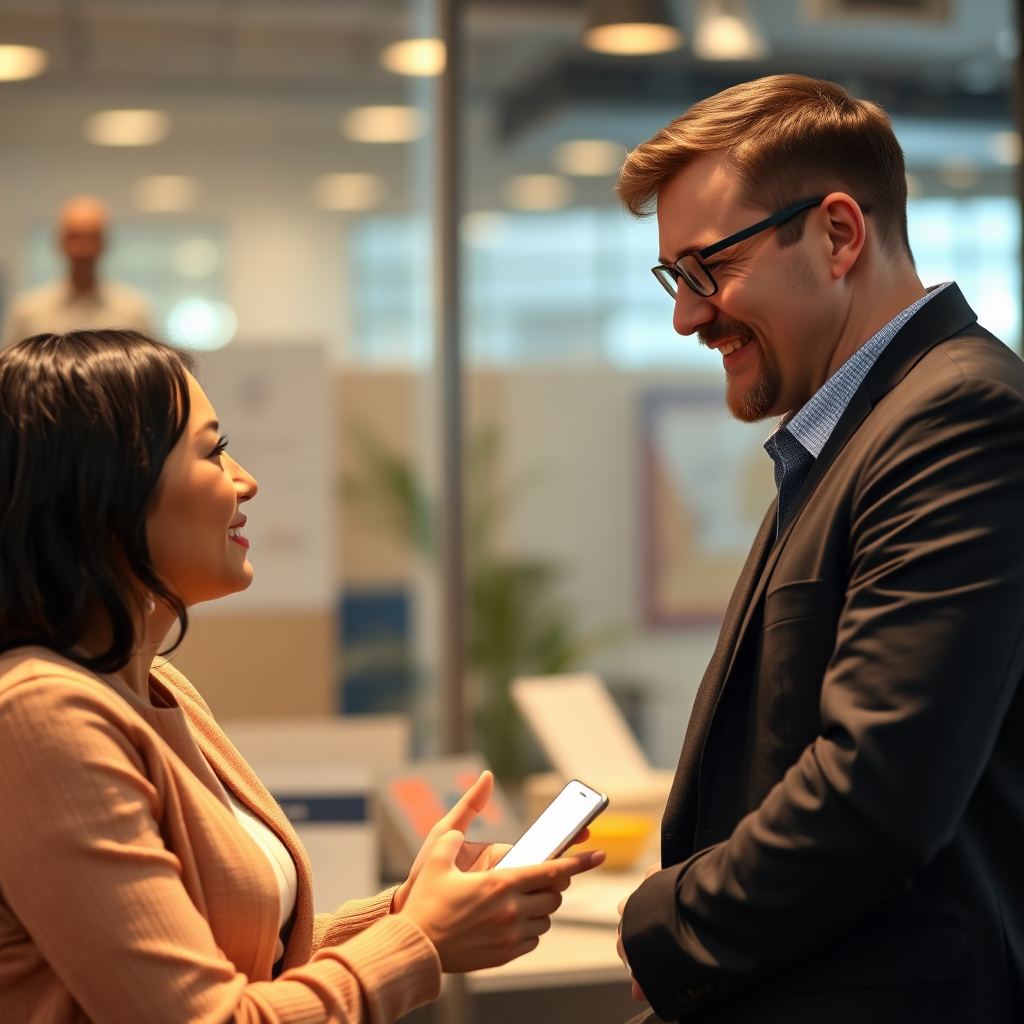 A photorealistic image of a sales representative interacting with a customer through a personalized follow-up sequence. The interaction should be genuine and engaging, building rapport and trust. The color palette is warm and inviting, reflecting the personalized nature of the communication. Camera angle: Medium shot to emphasize the human connection between the sales representative and the customer. 4K resolution, high quality.