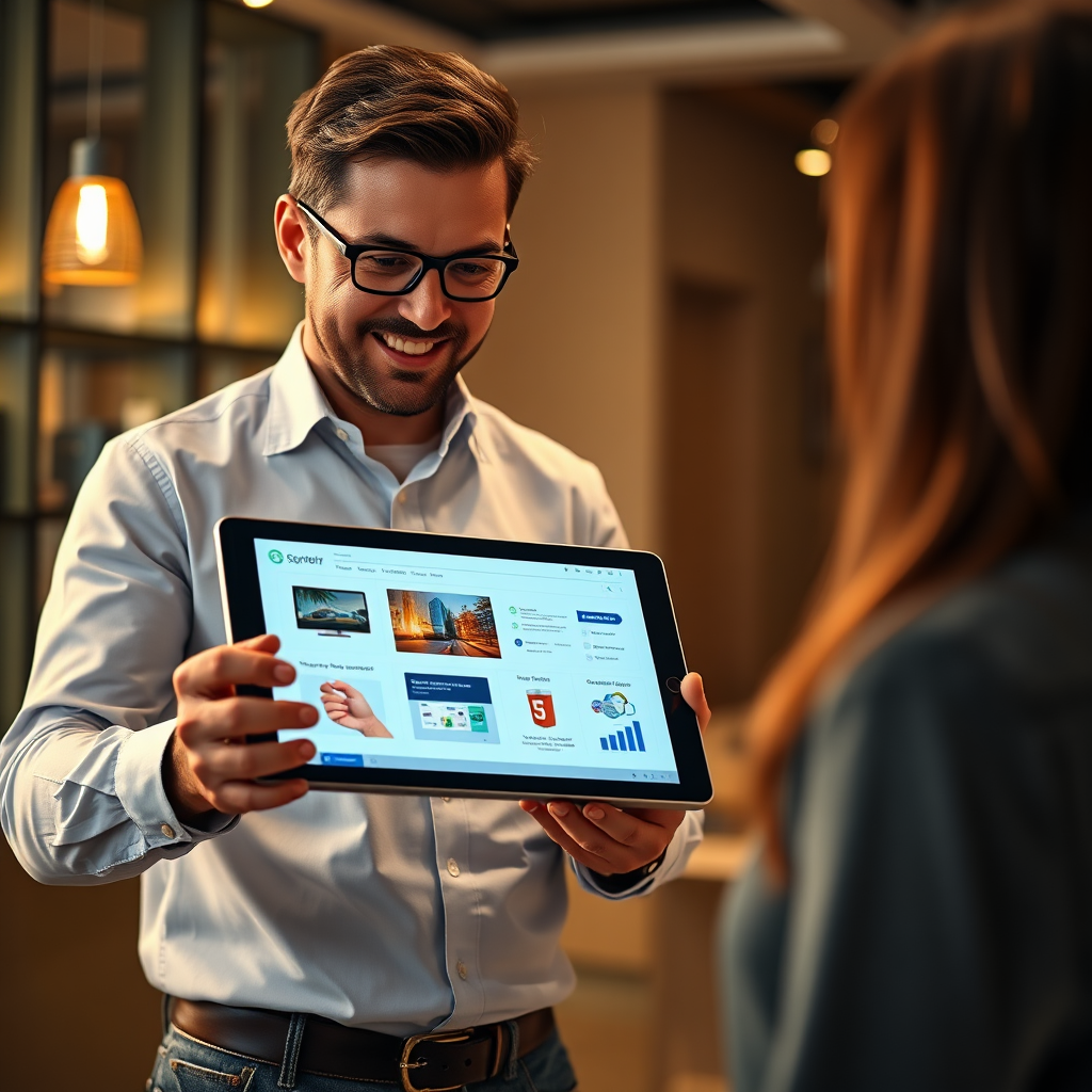 A photorealistic image of a sales representative using a tablet to showcase interactive product demonstrations and presentations to a potential customer. The tablet display should be vibrant and engaging, highlighting the key features and benefits of the products. The lighting should be warm and inviting, creating a positive and collaborative atmosphere. The color palette should be professional and trustworthy, reflecting the expertise of the sales team. Camera angle: Medium shot to emphasize the interaction between the sales representative and the customer.