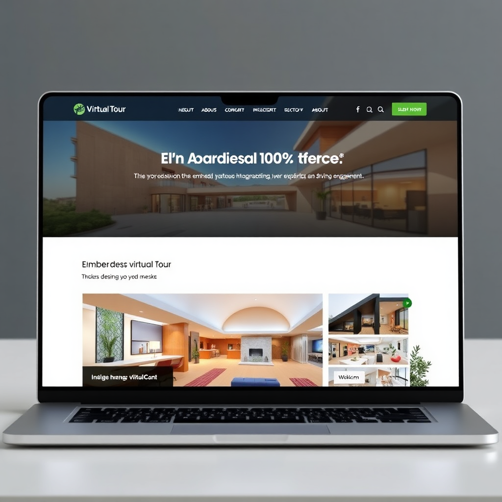 A photorealistic image of a website showcasing an embedded virtual tour, seamlessly integrated into the overall design and layout. The integration should be clean and intuitive, enhancing the user experience and driving engagement. The color palette is professional and consistent, reflecting the brand identity of the website. Camera angle: Wide shot to emphasize the seamless integration of the virtual tour into the website. 4K resolution, high quality.