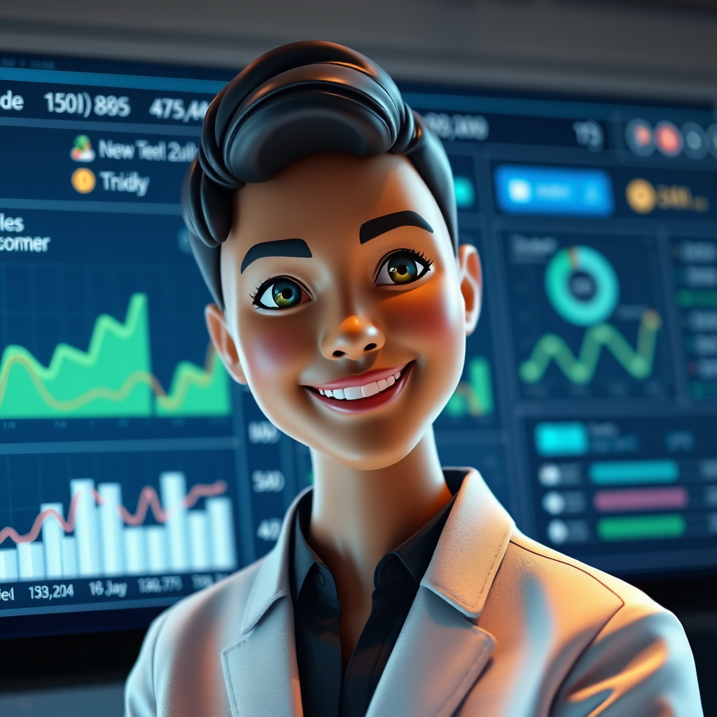 A photorealistic image of an AI avatar seamlessly integrated into a sales dashboard, actively engaging with potential customers through a virtual chat interface. The avatar should have a friendly and professional demeanor, conveying trustworthiness and expertise. The background showcases real-time sales data and customer engagement metrics. The lighting is soft and inviting, with a focus on highlighting the interactive elements of the interface. The color palette is clean and modern, with a mix of blues, greens, and whites. Camera angle: Close-up shot to emphasize the interaction between the AI avatar and the customer. 4K resolution, high quality.