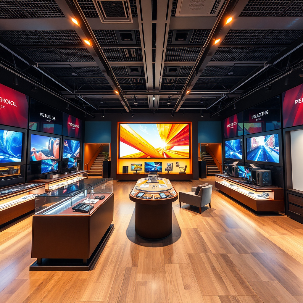 A photorealistic image showcasing a virtual tour of a modern showroom, complete with interactive product displays and immersive visual effects. The lighting should be dynamic and engaging, drawing the viewer's attention to key features and details. The color palette is vibrant and inviting, reflecting the excitement and potential of the virtual tour experience. Camera angle: First-person perspective to immerse the viewer in the virtual environment. 4K resolution, high quality.