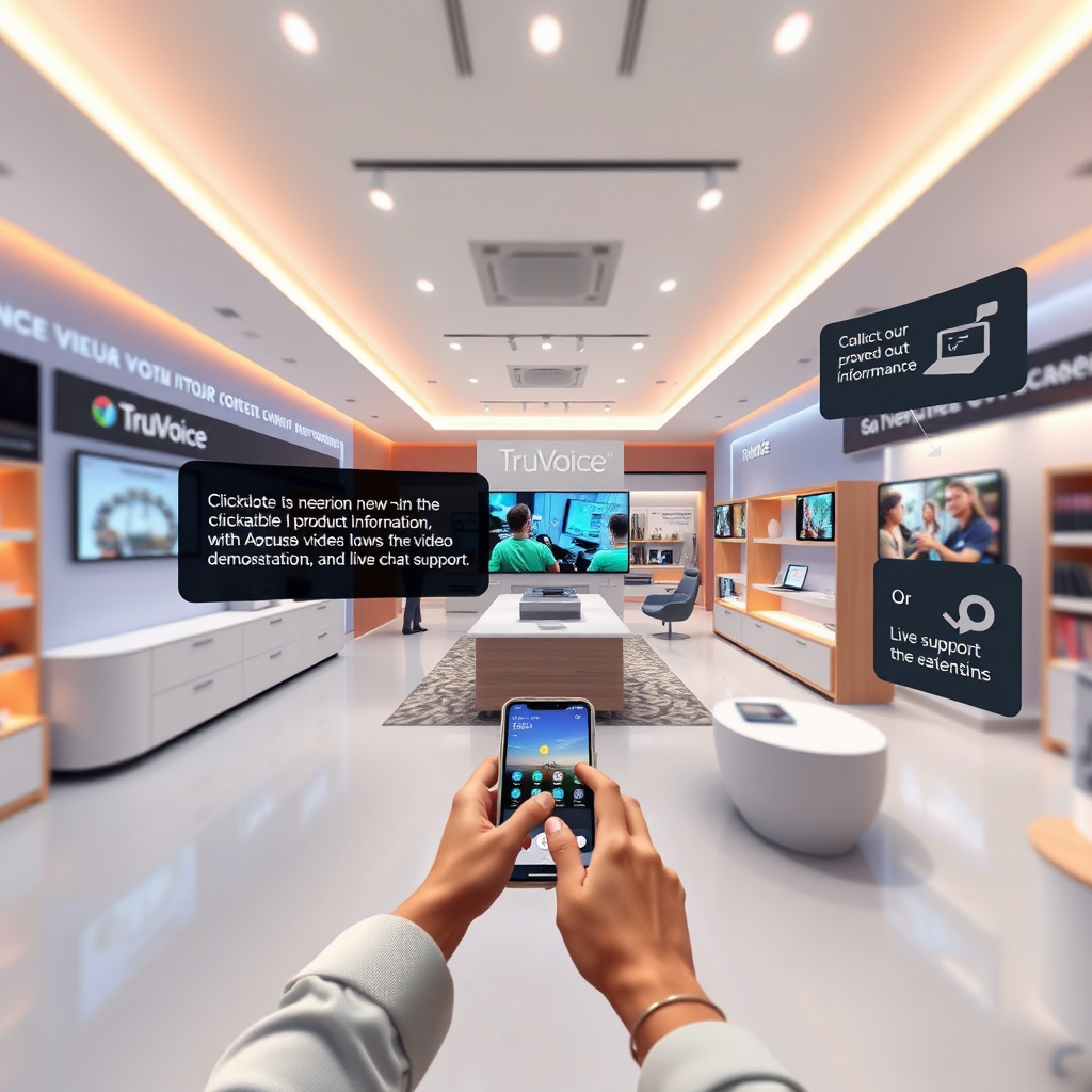 A photorealistic rendering of a virtual tour interface, showcasing a user navigating through a detailed 3D model of a product showroom. Interactive elements such as clickable product information, video demonstrations, and live chat support are prominently displayed. The lighting should be dynamic and inviting, emphasizing the immersive nature of the virtual tour. The color palette should be modern and clean, reflecting the brand identity of TruVoice. Camera angle: First-person perspective to emphasize the user experience.