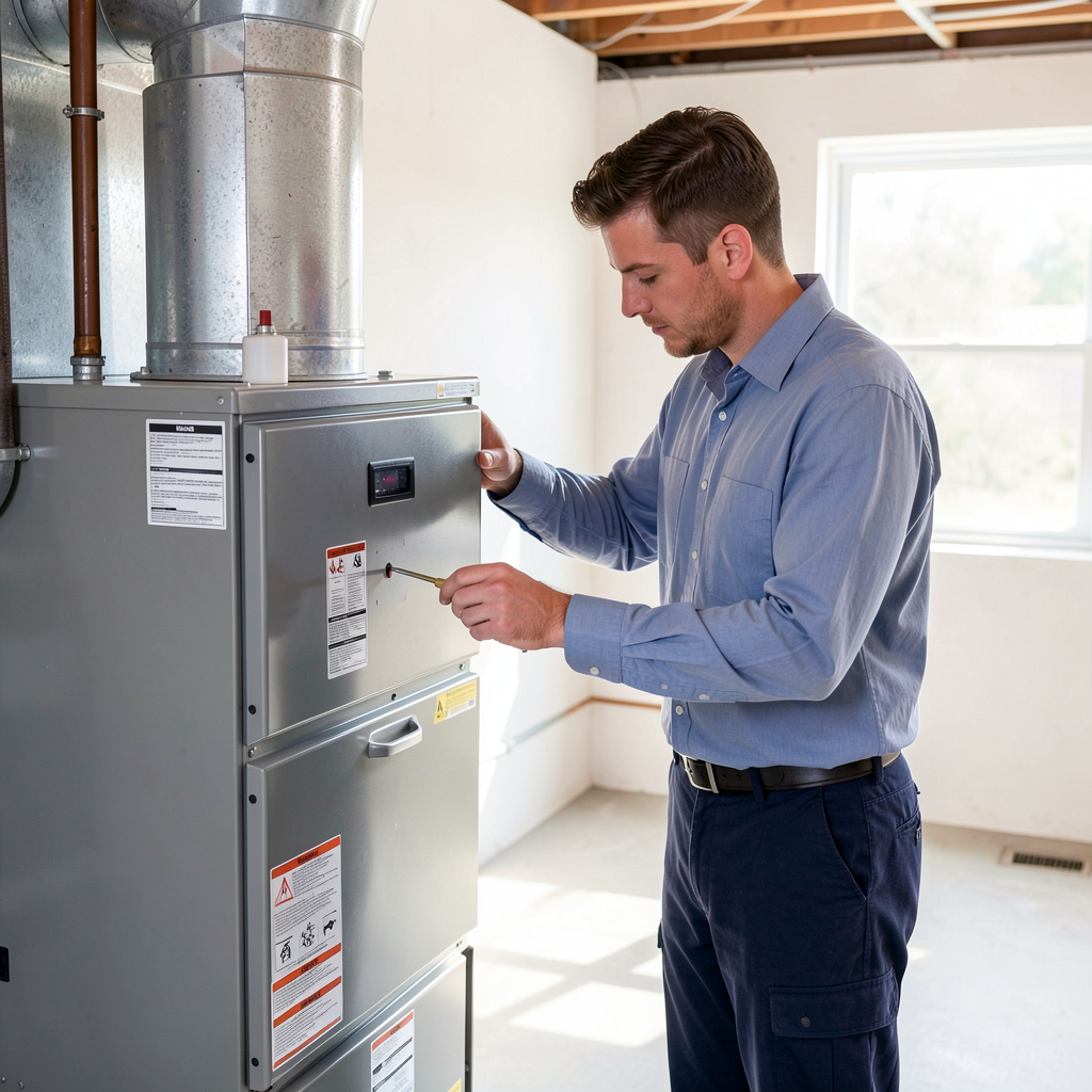 HVAC technician repairing furnace