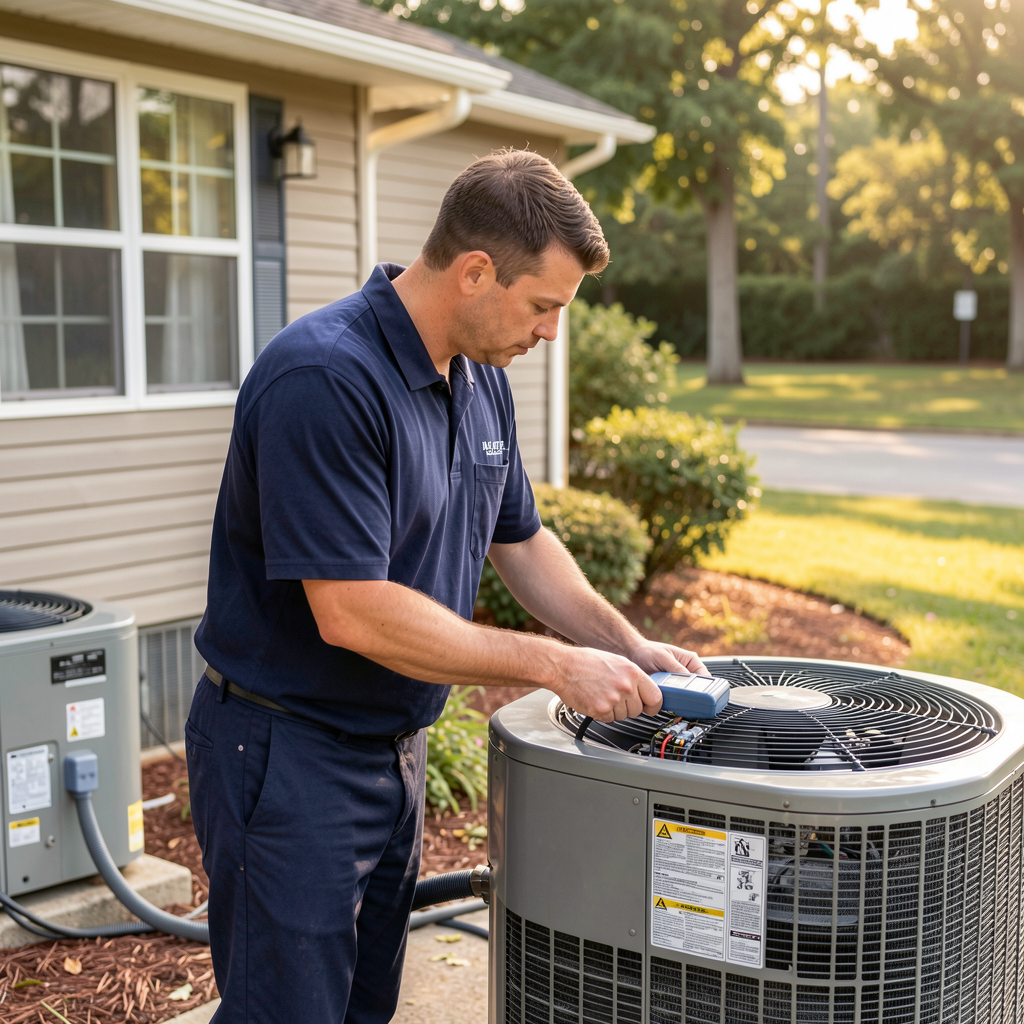 HVAC technician servicing an air conditioning system in Atlanta