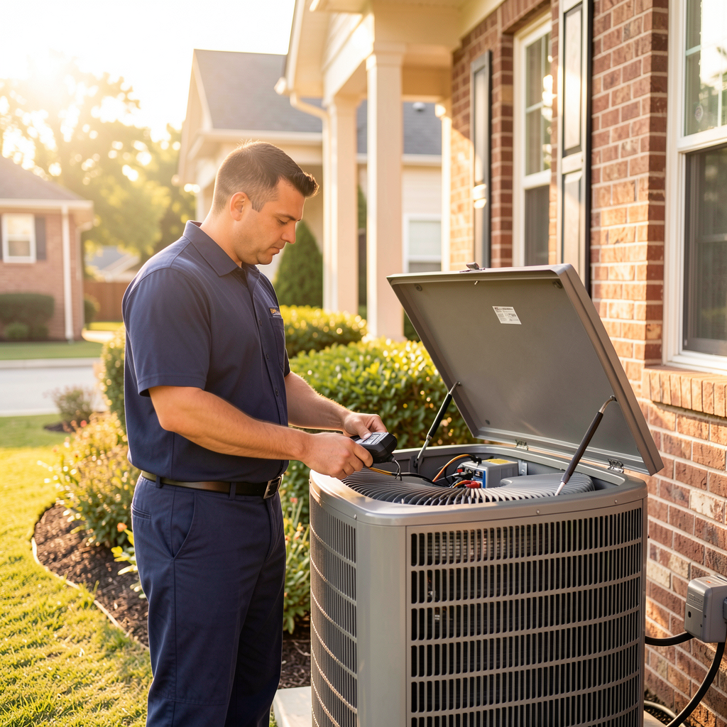 HVAC technician servicing outdoor air conditioning equipment