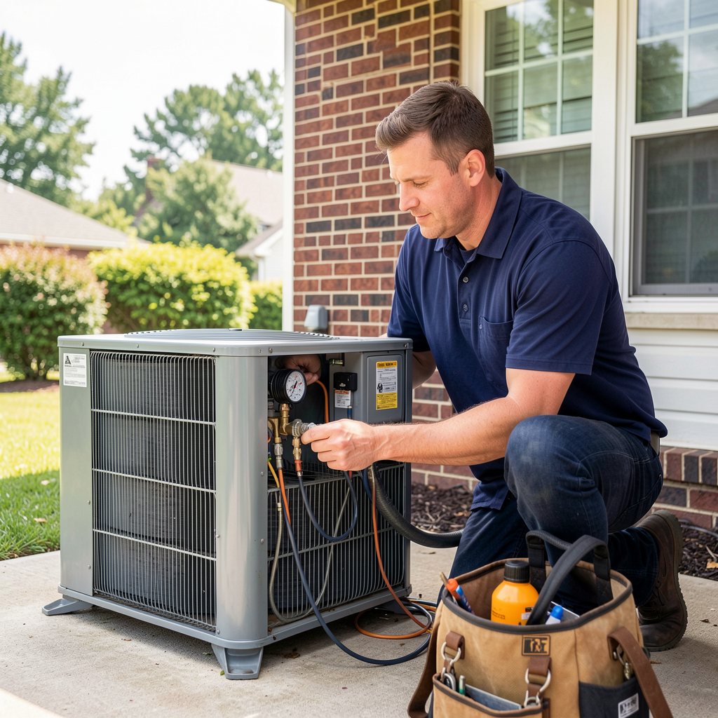 HVAC technician servicing air conditioning equipment in Atlanta
