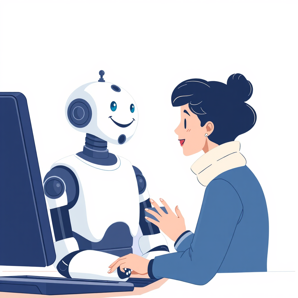 A stylized illustration of an AI chatbot interacting with a customer on a website. The chatbot interface should be clean and intuitive, with a friendly and professional demeanor. The illustration should convey a sense of seamless communication and efficient customer support. The color palette should be bright and optimistic, reflecting the positive impact of smart chat automation. Camera angle: Close-up shot to emphasize the interaction between the chatbot and the customer.