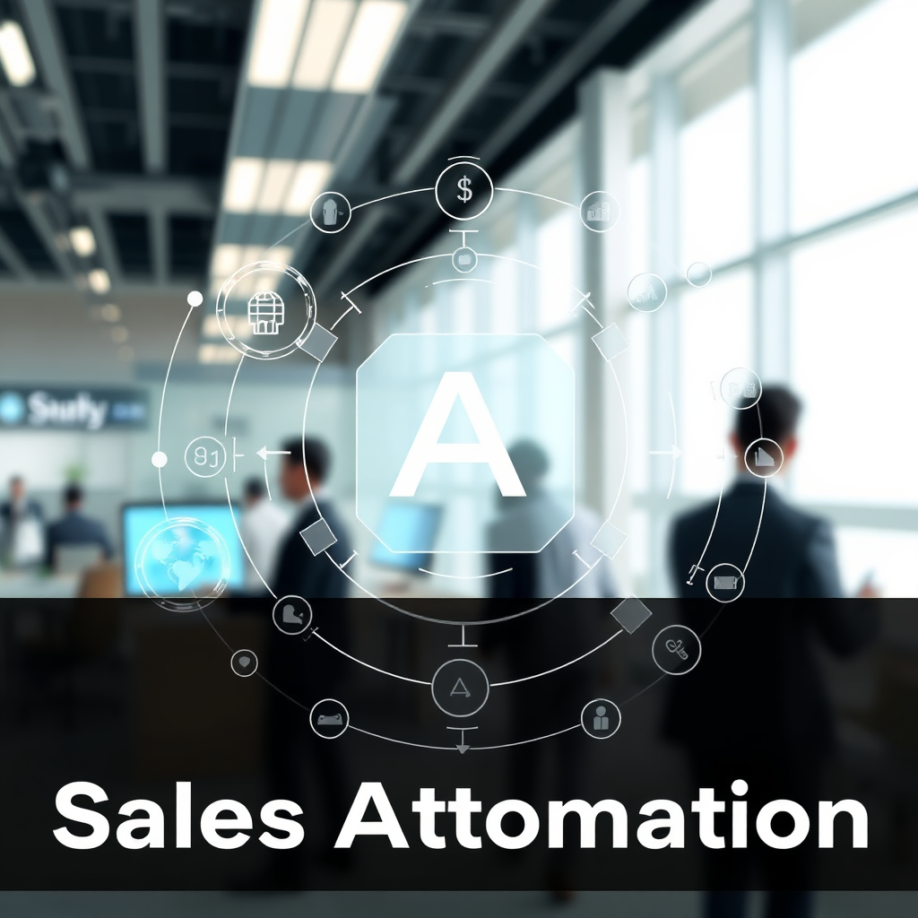A stylized image of AI-powered sales automation, seamlessly managing and optimizing sales processes in the background. The visualization should be clean and efficient, highlighting the automation and efficiency of the system. The color palette is professional and informative, reflecting the data-driven nature of the automation process. Camera angle: Overhead shot to emphasize the streamlined nature of the system. 4K resolution, high quality.