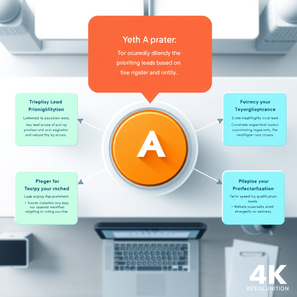 A stylized image of an AI-powered lead qualification system, automatically filtering and prioritizing leads based on their engagement and potential. The visualization should be clean and efficient, highlighting the speed and accuracy of the system. The color palette is professional and informative, reflecting the data-driven nature of the lead qualification process. Camera angle: Overhead shot to emphasize the automated nature of the system. 4K resolution, high quality.